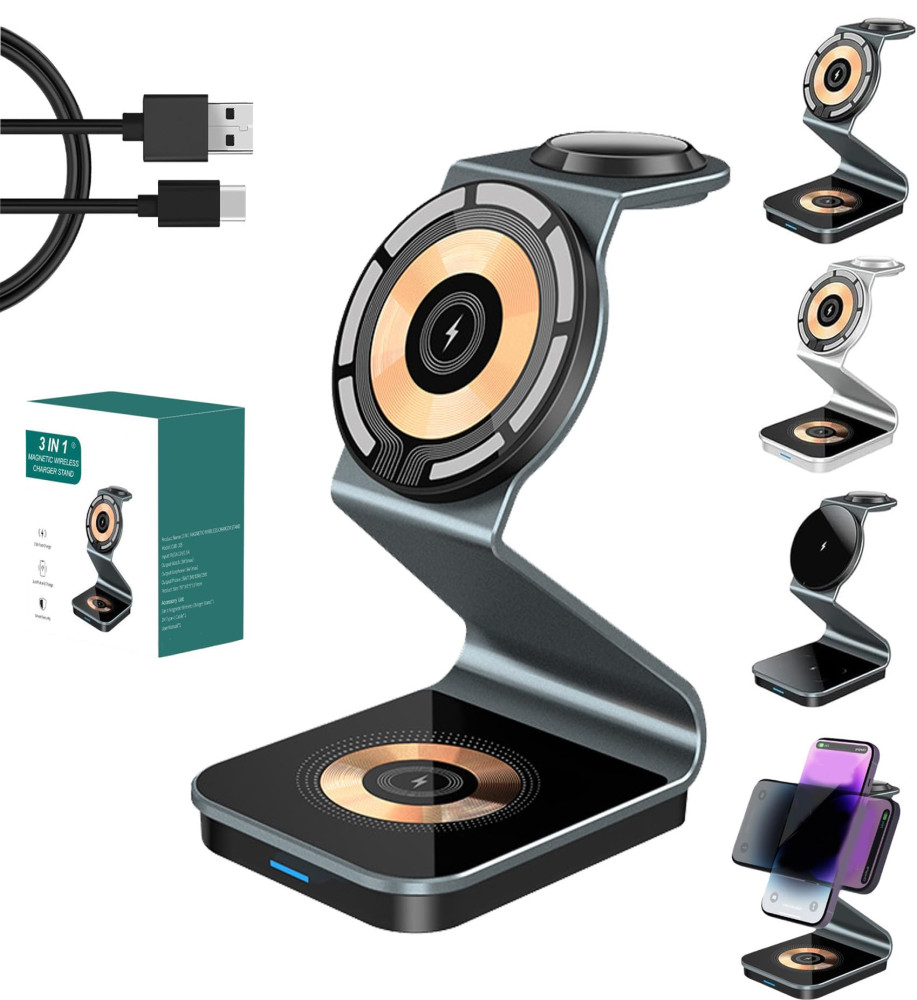  3 in 1 Wireless Charging Station with Magnetic Wireless Holder Travel Compatible with iPhone 14/13/12 Series, Apple Watch Ultra/SE/2 to 8, AirPods 3/2/Pro 2/Pro (1 Pack) 