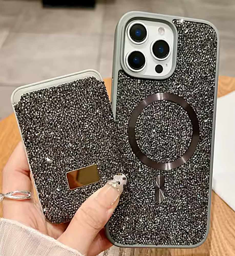  SWAROVSKI rhinestone-covered case with attractive colors and a magnetic card holder, in addition to Mage Safe wireless charging support, compatible with iPhone 16 Pro 