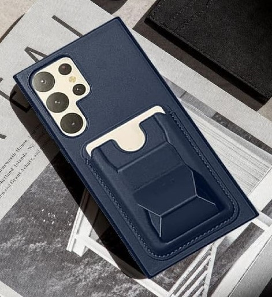  جراب عملي وأنيق خامة تشبه الجلد من بولي إيثيلين، حواف واقية بارزة، محفظة كروت مدمجة ومسند مخفي متوافق مع هاتف سامسونج S25 Ultra 