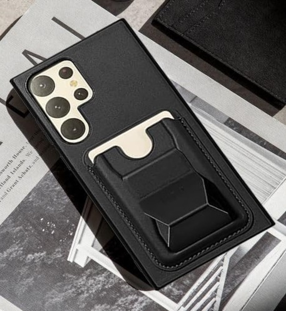  جراب عملي وأنيق خامة تشبه الجلد من بولي إيثيلين، حواف واقية بارزة، محفظة كروت مدمجة ومسند مخفي متوافق مع هاتف سامسونج S24 Ultra 