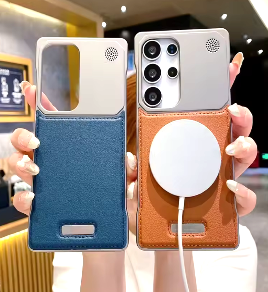  جراب مزيج من الجلد والإطار المعدني خفيف الوزن، حماية راقية لهاتفك مع دعم كامل للشحن اللاسلكي موبايل سامسونج S23 Ultra 