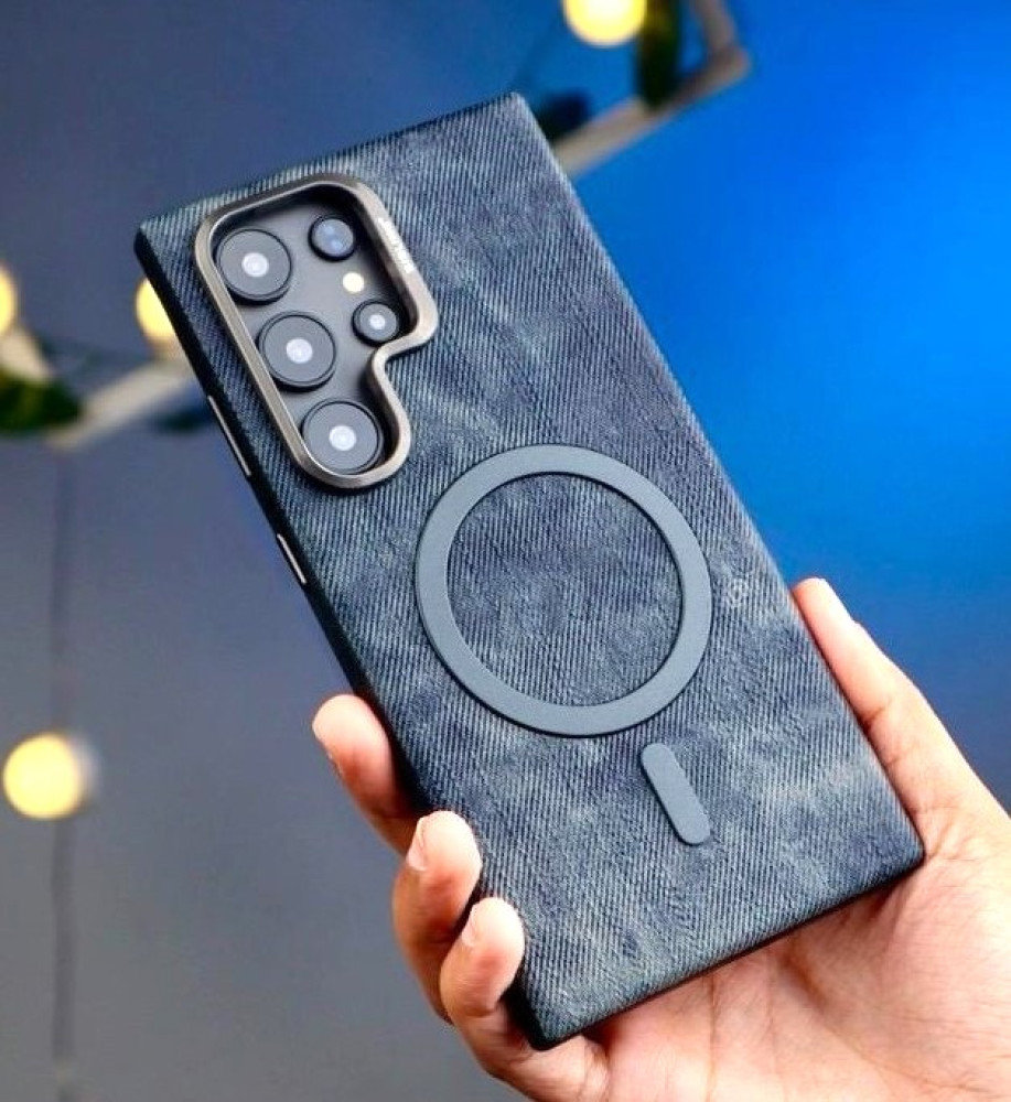  جراب جينز فاخر مع إطار معدني لحماية العدسات، بطانة شمواه ودعم MagSafe/الشحن اللاسلكي متوافق مع سامسونج إس 25 ألترا 