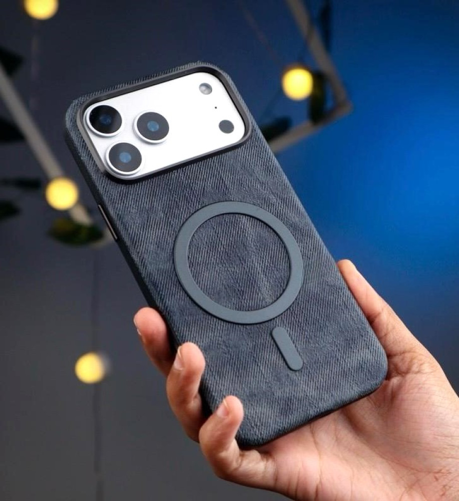  جراب جينز فاخر مع إطار معدني لحماية العدسات، بطانة شمواه ودعم MagSafe/الشحن اللاسلكي متوافق مع ايفون 17 برو 