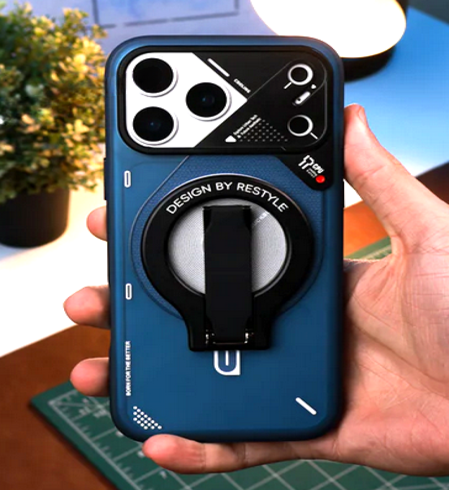  Luxury iPhone 17 Pro Max protective case with an ergonomic design that supports MagSafe, with a metal ring, stand, and prominent camera protection. 