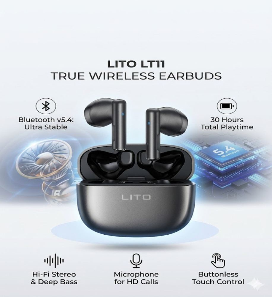  سماعة  ايربودز LITO LT11 الأصلية - تجربة صوت Hi-Fi لاسلكية مع تقنية Bluetooth v5.4 وعمر بطارية 30 ساعة 
