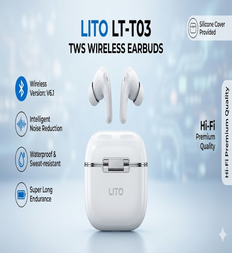  سماعة ايربودز LITO LT-T03 الأصلية - إصدار Bluetooth V6.1 مع تقنية تقليل الضوضاء وتصميم مريح لمقاومة التعرق 