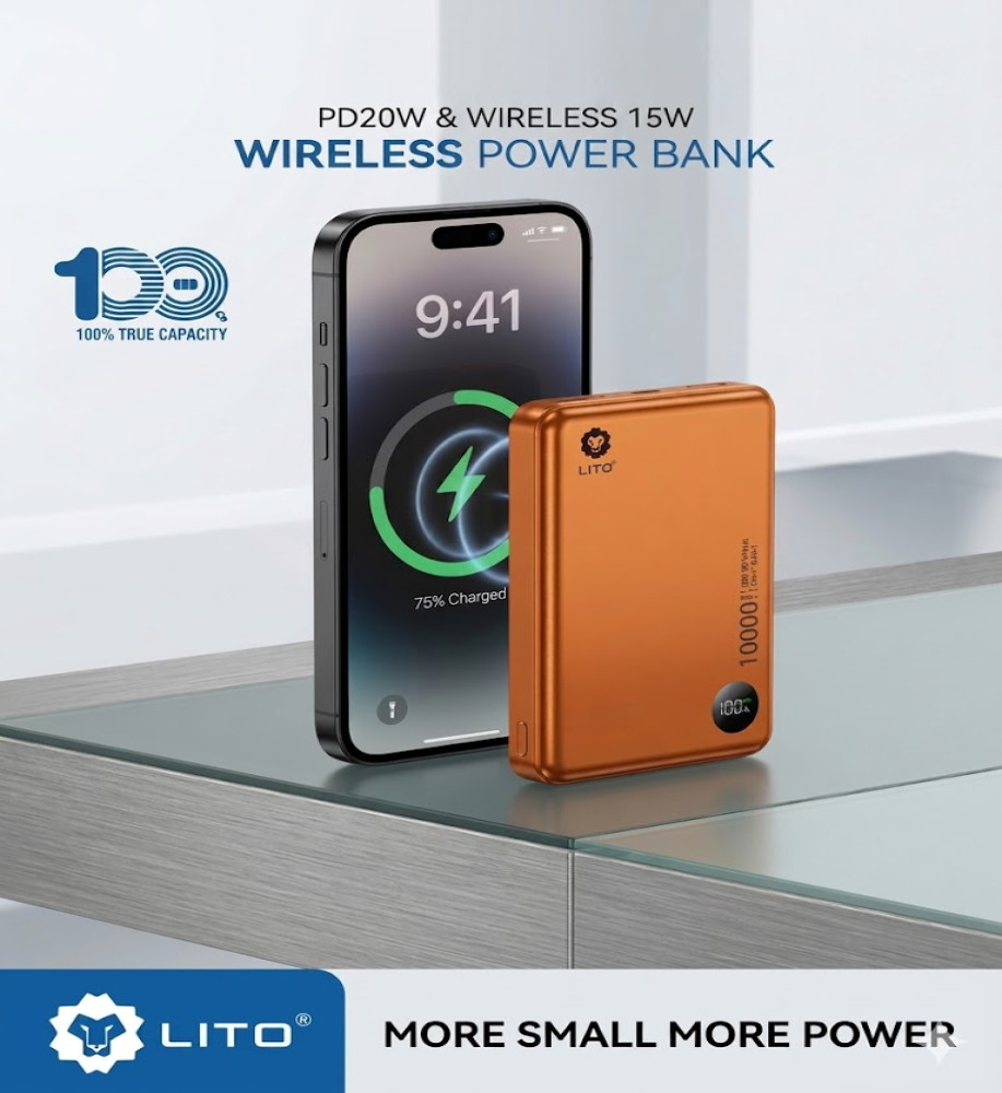  LITO LP08 Wireless Power Bank - 10000mAh Capacity - 20W PD Fast Charging & 15W Wireless Charging - Compatible with iPhone and Android 