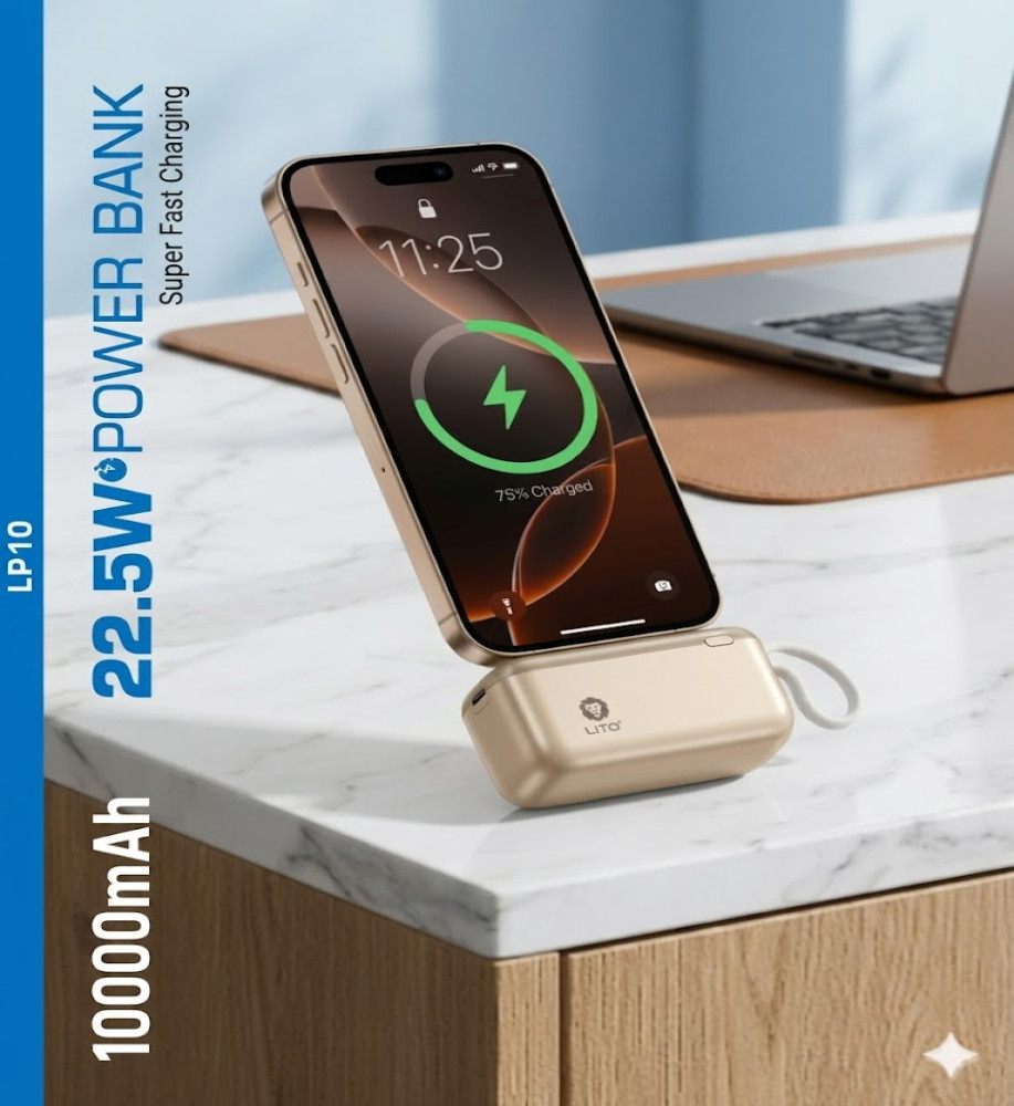  LITO LP10 10000mAh Power Bank with 22.5W Fast Charging - Built-in Type-C Port and Ultra-Compact Design 