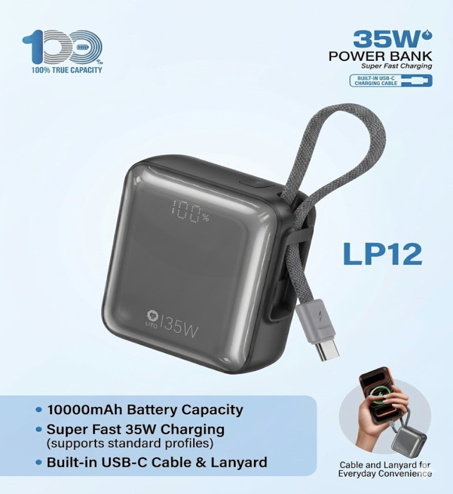  LITO LP12 10000mAh 35W Power Bank - Super Fast Portable Charger with Built-in Type-C Cable 