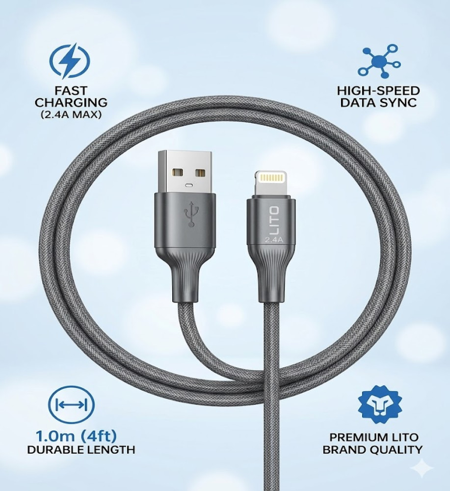 Original LITO LD06 Lightning Charging Cable - 1 meter long, 2.4A power for fast charging and secure data transfer for iPhones and iPads 