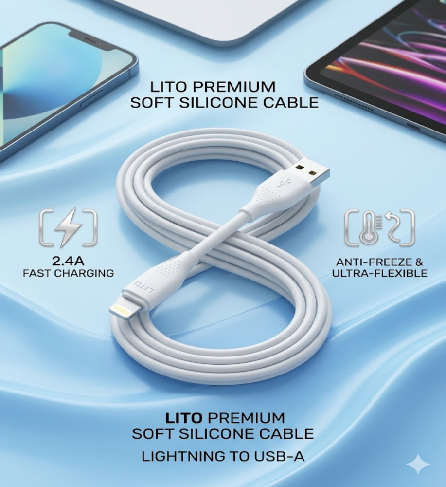  LITO LD03L Lightning Charging Cable (USB to Lightning) Soft Silicone 2.4A - White 
