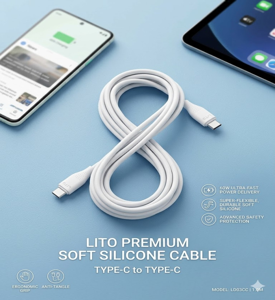  LITO LD03CC Type-C Charging Cable (Type-C to Type-C) Soft Silicone 60W - White 