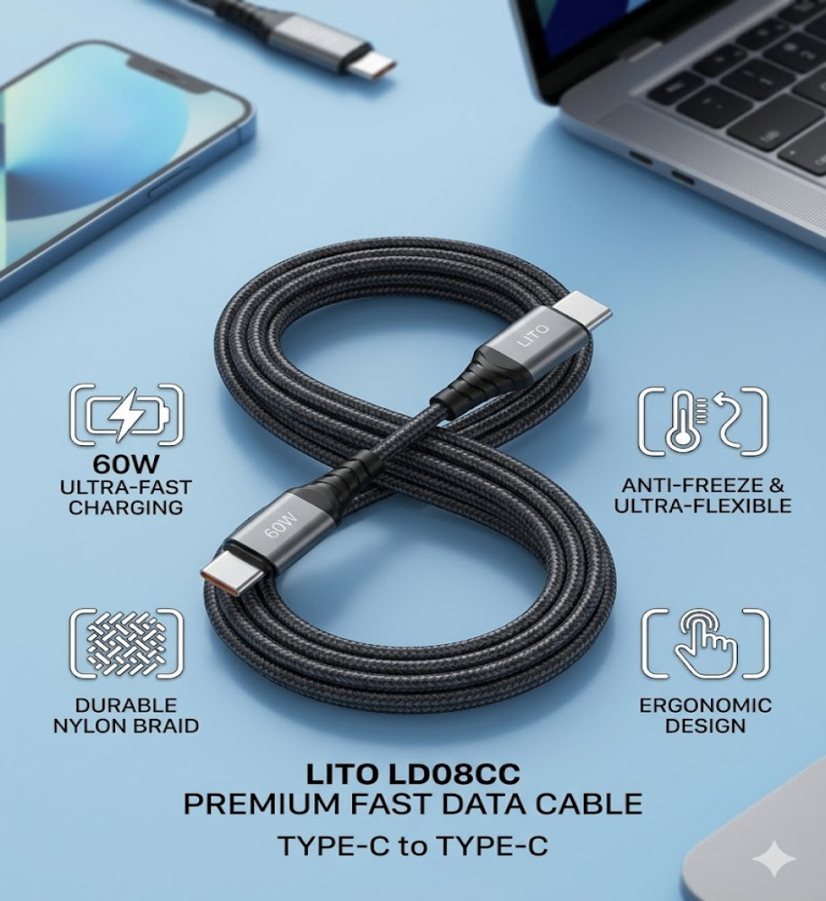  LITO LD08CC Type-C (Type-C to Type-C) Braided Fabric Charging and Data Transfer Cable 60W - Dark Gray 