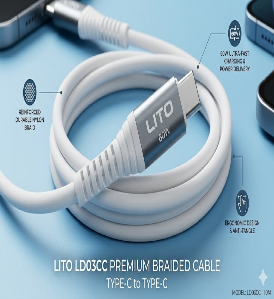  LITO LDO2CC Type-C (Type-C to Type-C) Soft Silicone Charging and Data Transfer Cable 60W - White (Reinforced Terminals) 
