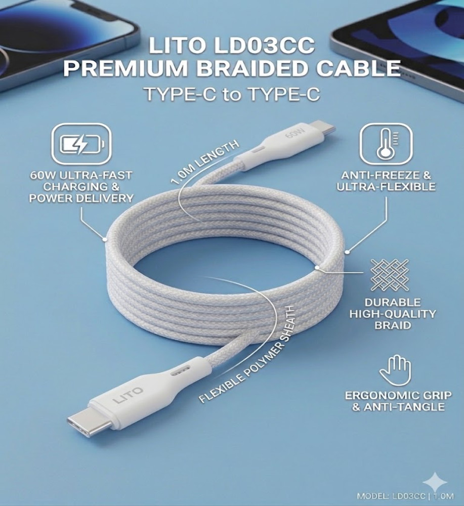  LITO LD08CC Type-C Charging and Data Transfer Cable, Ultra Durable Braided Fabric, 60W - White 