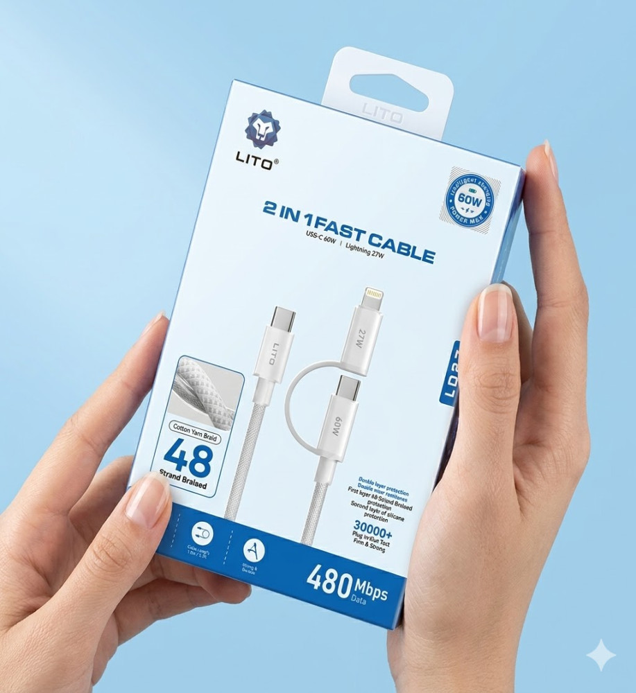  LITO LD27 Fast Charging Cable 2 in 1 (USB-C 60W & Lightning 27W) - Durable and Braided 