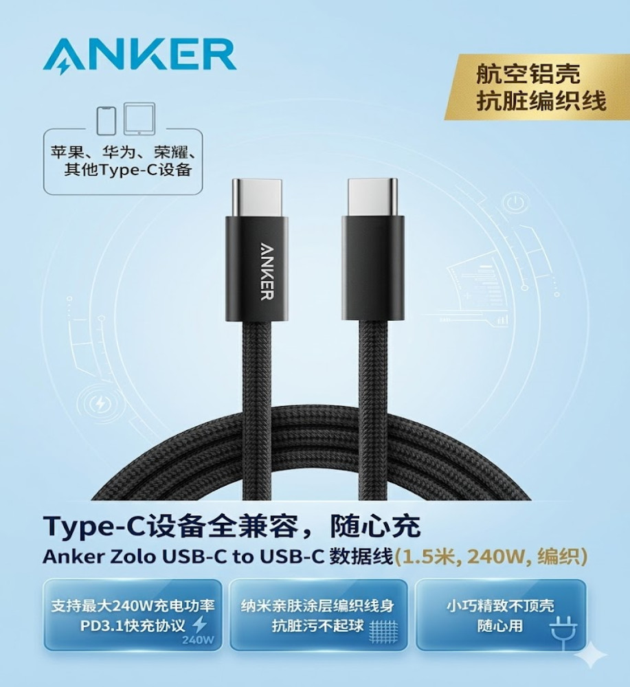  Anker Zolo 240W Super Fast Charging Cable USB-C to USB-C 