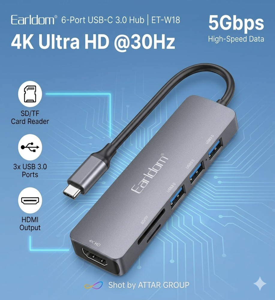  كونفرت / موزع ومحول إيرلدوم 6 في 1 منفذ USB-C 3.0 عالي السرعة مع منفذ HDMI 4K وقارئ كروت - موديل ET-W18 