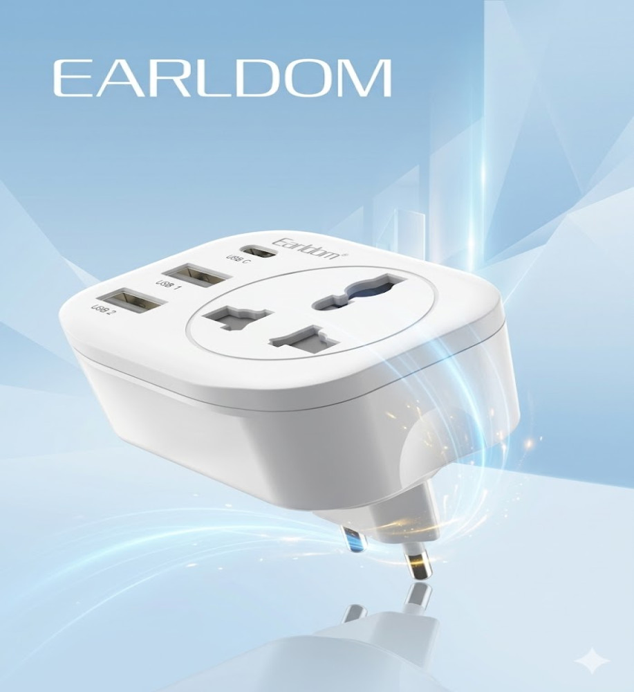  Earldom ES-SC16 4-in-1 Power Strip and Wall Charger - EU Plug with USB-C Port and 2 USB Ports 