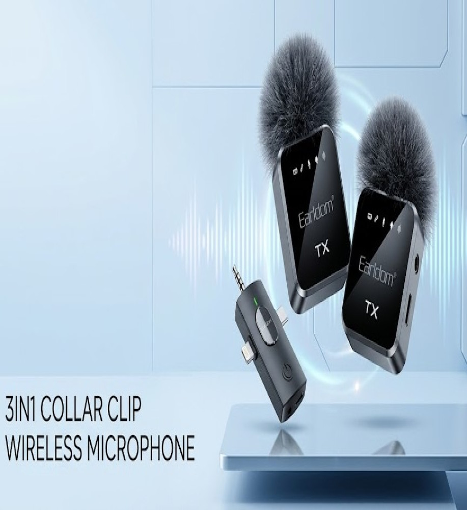 Mic Wireless / Dual wireless Earldom ET-MC13 microphone with 3-in-1 lapel clip and Bluetooth 5.2 for continuous professional recording up to 11 hours. 