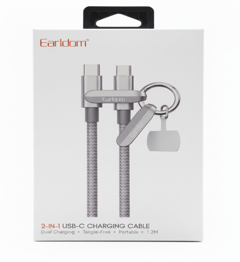  Earldom EC-208C-C 60W 2-in-1 Type-C Charging Cable - Innovative Crossbody Cable & Keyring (1.2m) 