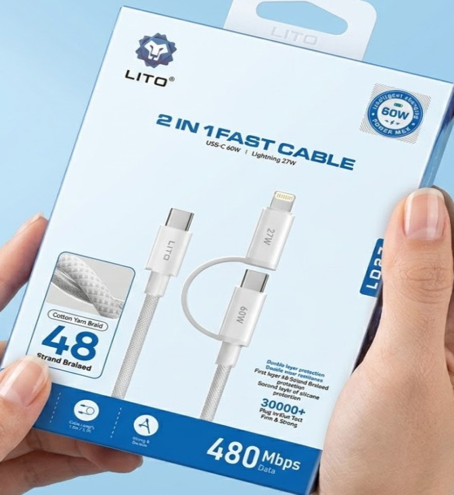  LITO LD27 Fast Charging Cable 2 in 1 (USB-C 60W & Lightning 27W) - Durable and Braided 