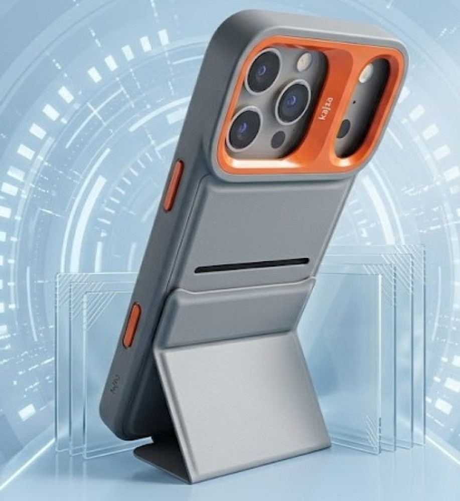  iPhone 17 Pro Max case features a foldable triangular design that allows it to be used as a stable stand, a hidden pocket inside the case for storing cards, strong shock-resistant materials, and a raised camera box for protection and an attractive design touch. 