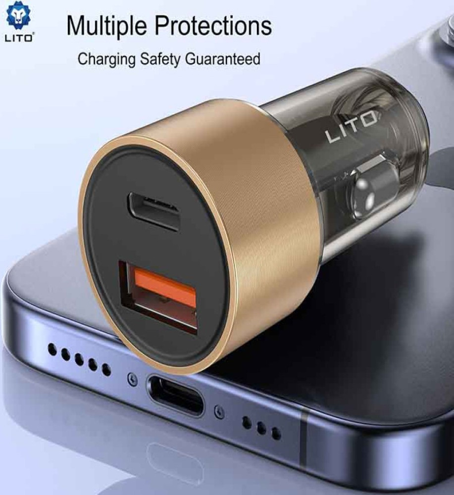  ليتو IN-C04 شاحن سيارة معدني شفاف 52 واط (27 واط Type-C PD + 25W USB-A) – منفذين شحن سريع 