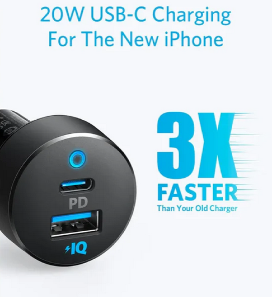  انكر شاحن سيارة 35 واط — مخرج USB-C PD + مخرج PowerIQ USB-A شحن سريع و مضمون للطريق و السفر 