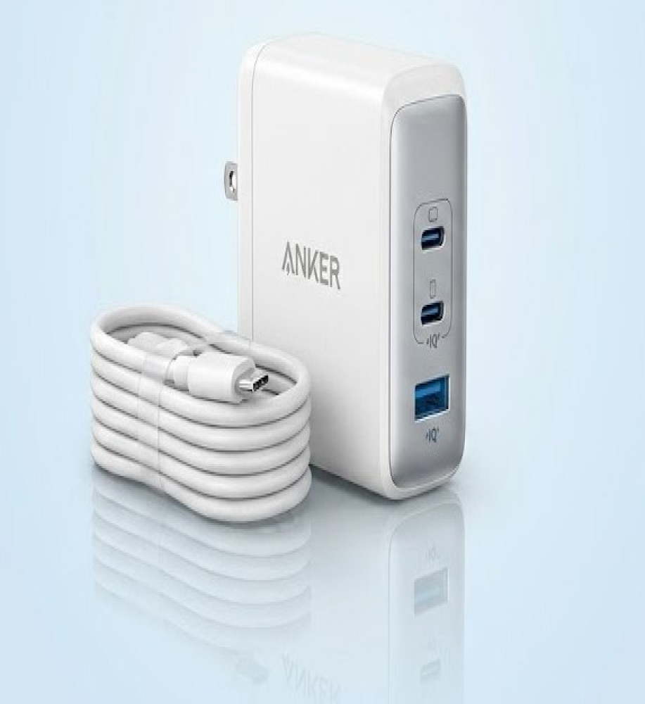  شاحن أنكر Anker بقوة 100 واط تكنولوجيا GaN氮化镓 ثلاثي المنافذ مع كابل Type-C بطول 1.5 متر 