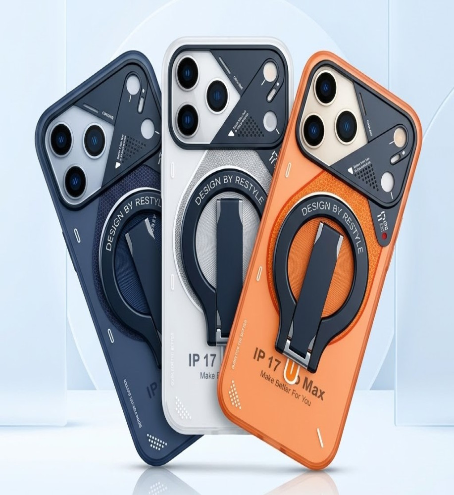  Luxury iPhone 17 Pro Max protective case with an ergonomic design that supports MagSafe, with a metal ring, stand, and prominent camera protection. 