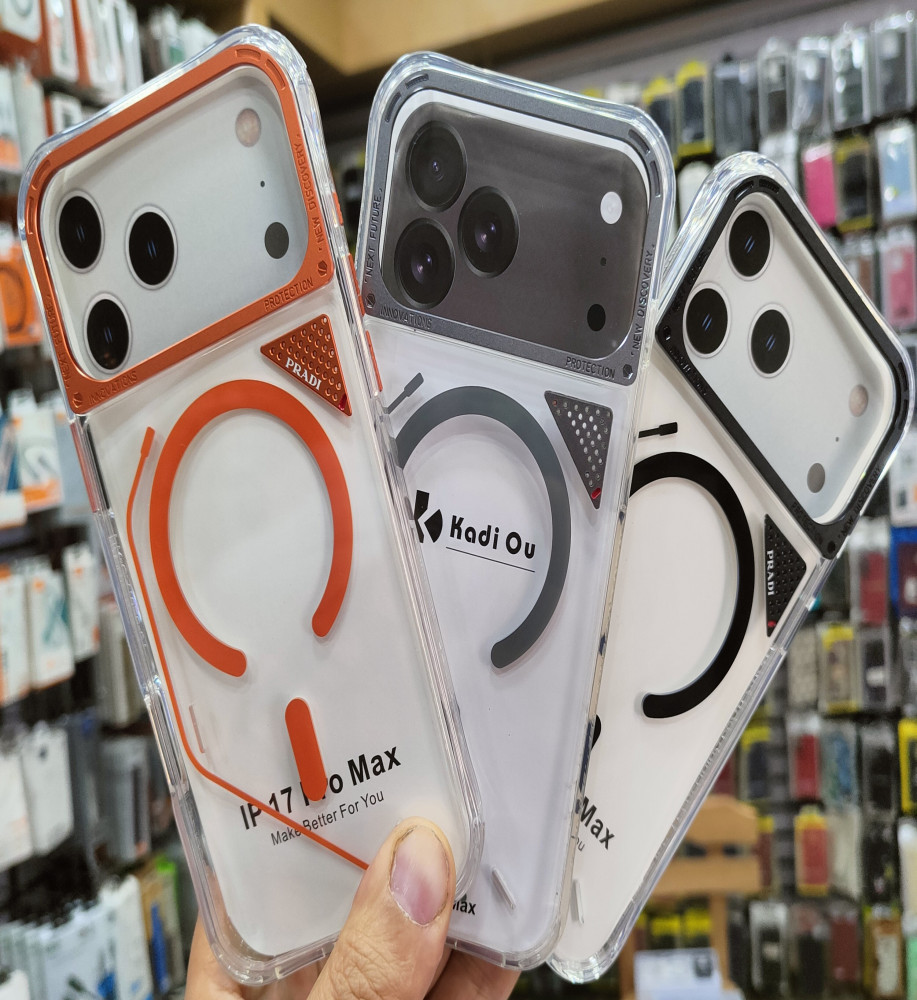  Clear iPhone 17 Pro Max case with MagSafe support, featuring a sleek geometric design with heat dissipation, 1.8m drop protection, anti-slip properties, and compatibility with wireless charging. 