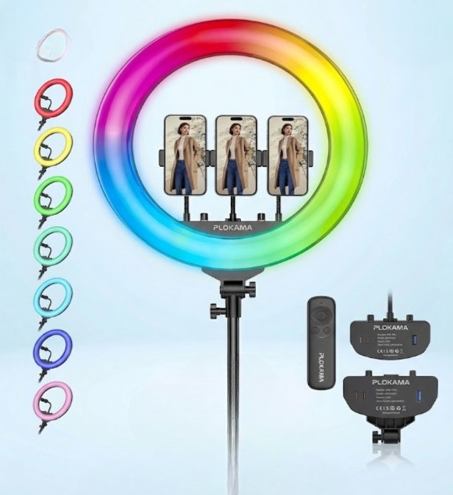  *Professional Colorful RGB Ring Light with Remote Control, USB Port for Charging Phones, and Support for 3 Smartphones from Plokama (Model LIVE-R45 RGB)* 