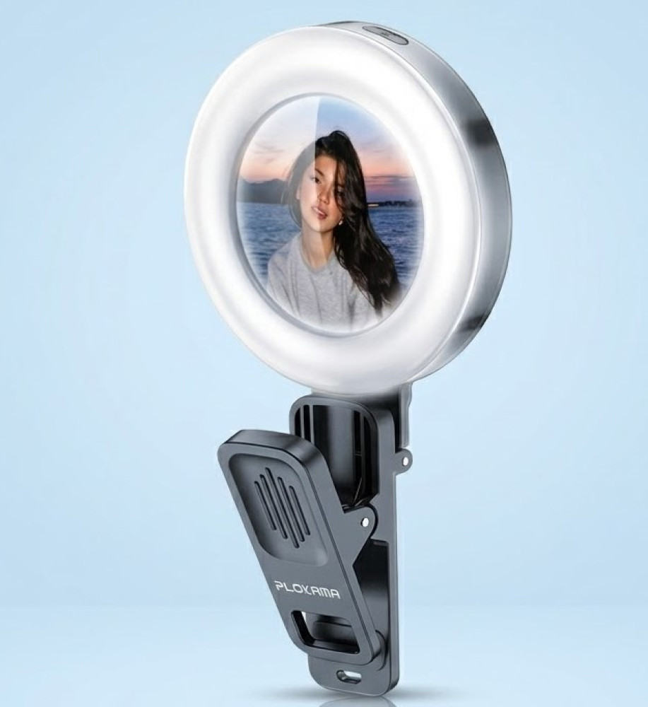  *Selfie Ring Light with Built-in Clip for Smartphones, Integrated Convex Mirror with 3 Color Temperatures and 6 Adjustable Brightness Levels from Plokama (Model U20)* 