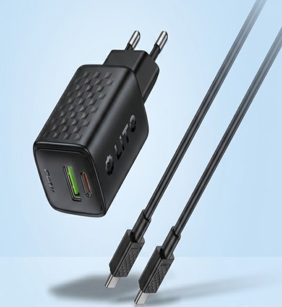  رأس شاحن سريع GaN بقدرة 20 واط بمنفذين PD + QC3.0 مع كابل Type-C إلى Type-C بطول 1 متر من LITO (موديل LC15T) 