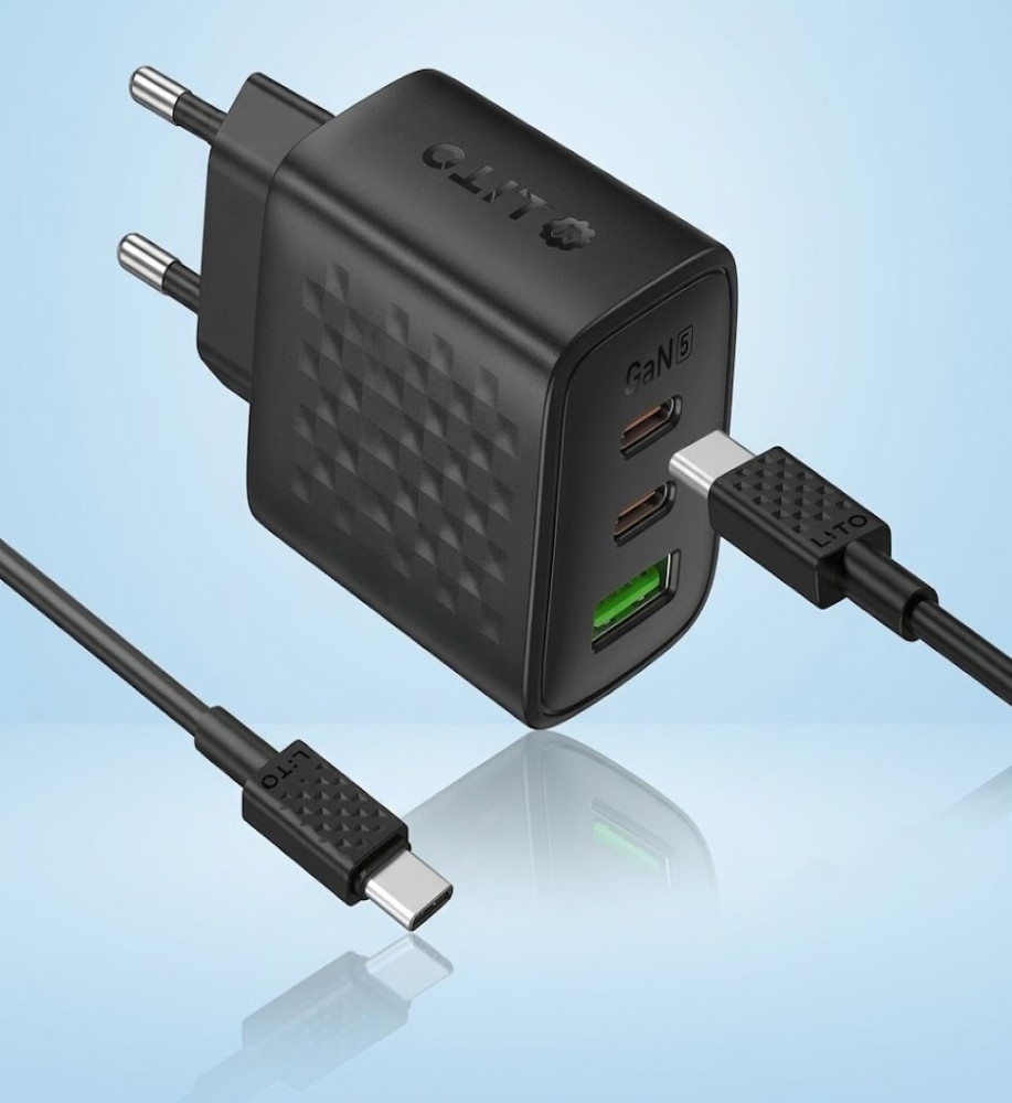  LITO LC25T 65W GaN 3-Port Wall Charger, 2× USB-C + USB-A, PD with USB-C Cable 