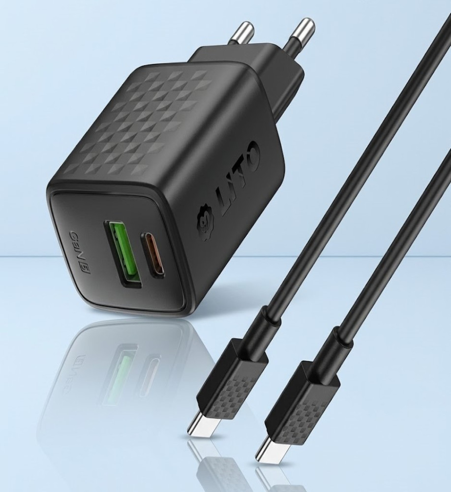  LITO LC15T 20W GaN Dual-Port USB-C PD + USB-A Wall Charger with 1m USB-C to USB-C Cable 