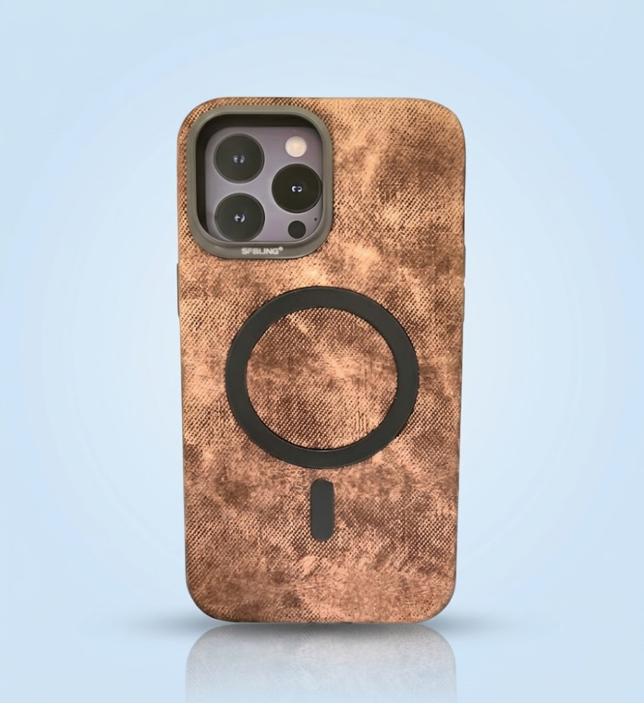  Luxury denim iPhone 14 case with metal frame for lens protection, suede lining, and MagSafe/wireless charging support. 