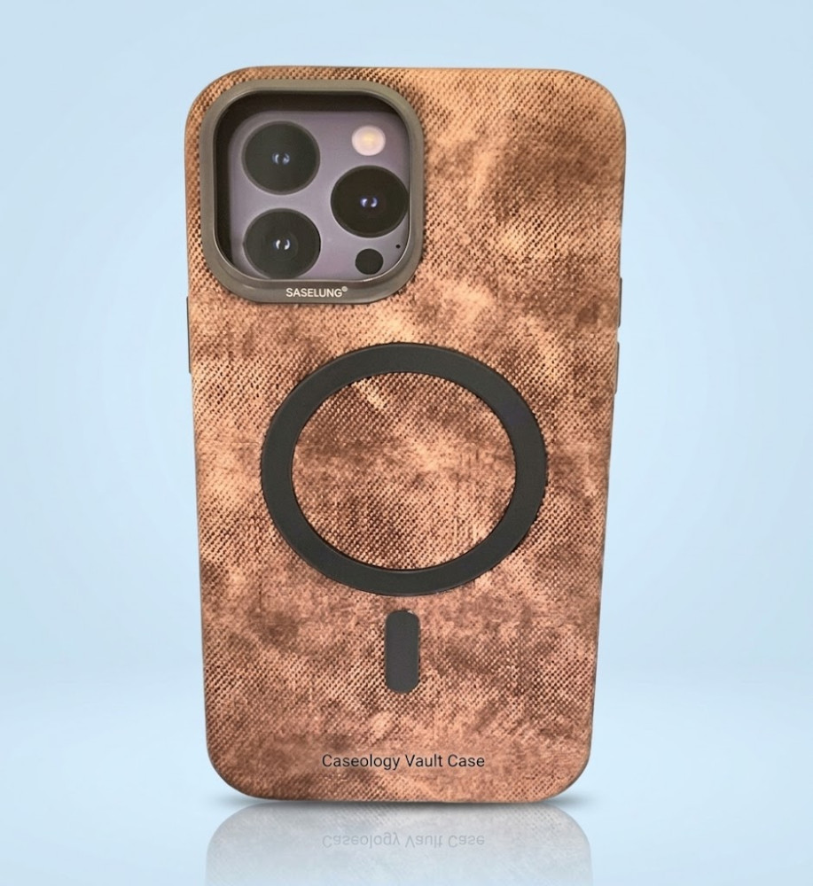  Luxury denim iPhone 14 Pro Max case with metal frame for lens protection, suede lining, and MagSafe/wireless charging support. 