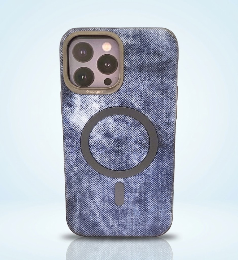  Luxury denim iPhone 13 Pro Max case with metal frame for lens protection, suede lining, and MagSafe/wireless charging support. 