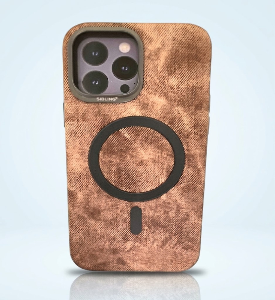  Luxury denim iPhone 15 Pro Max case with metal frame for lens protection, suede lining, and MagSafe/wireless charging support. 