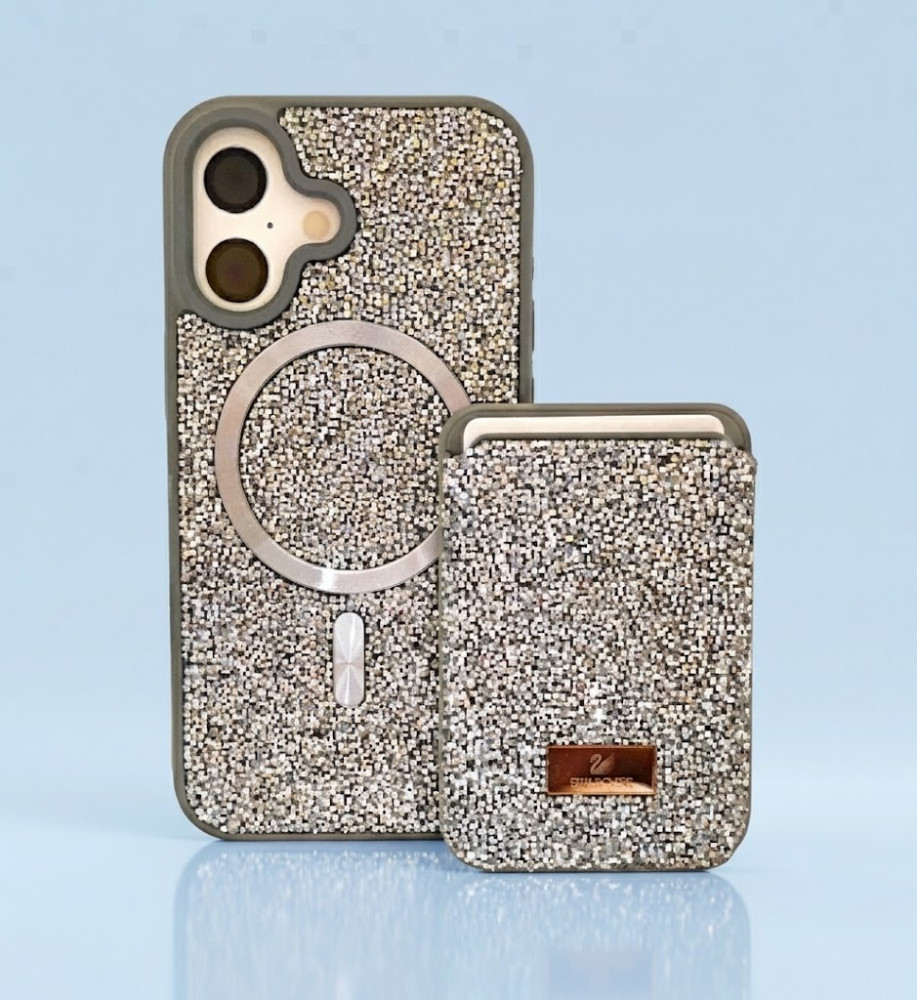  iPhone 16 Glossy Rhinestone Case with Magnetic Card Holder and MageSafe Support 