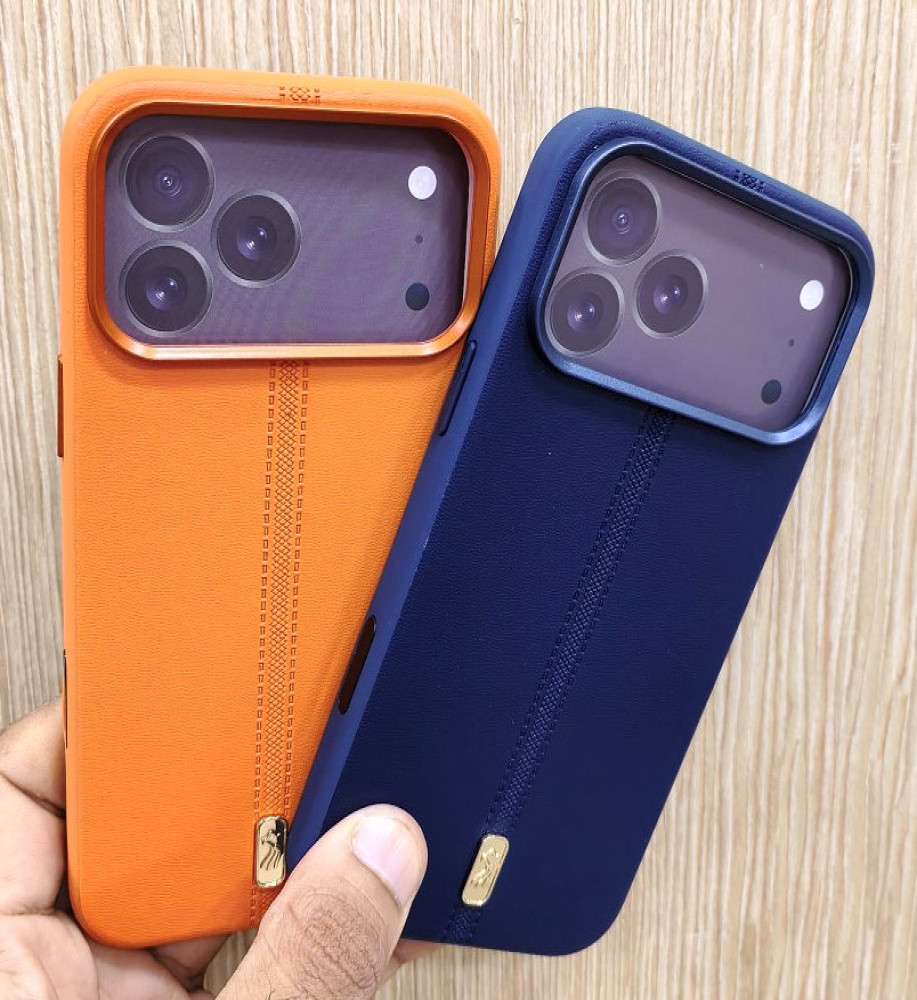  iPhone 17 Pro Max case with a stylish leather-like texture and a raised frame to protect the device and cameras. 