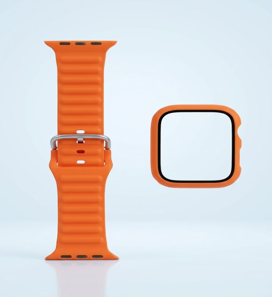  Protective case with screen protector and silicone strap for Apple Watch. 
